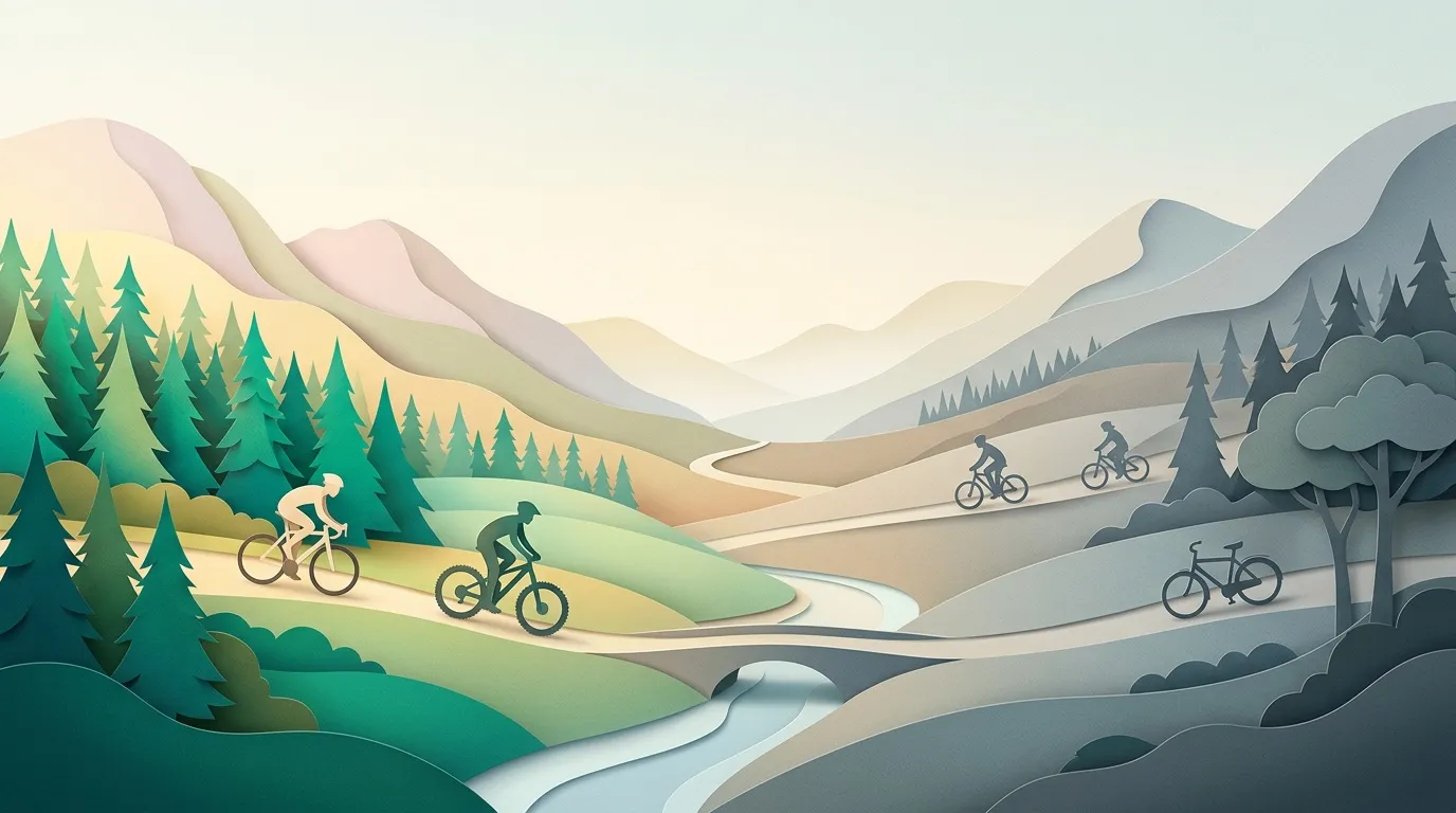 Cyclistes pédalan dans paysage montagneux avec forêts et rivière