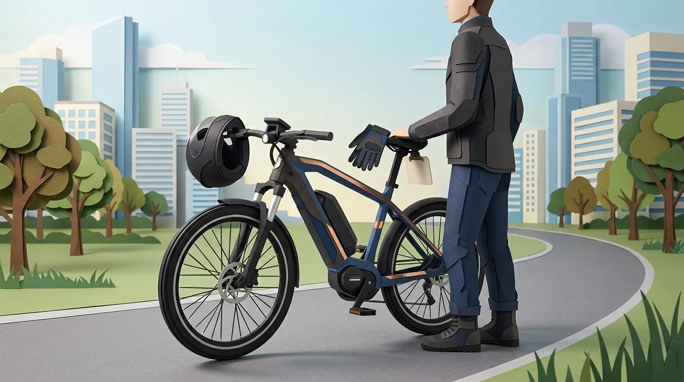 Homme avec vélo électrique dans un parc urbain moderne