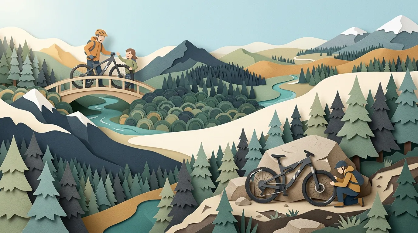 Illustration papier cyclistes explorant paysage montagneux forêt