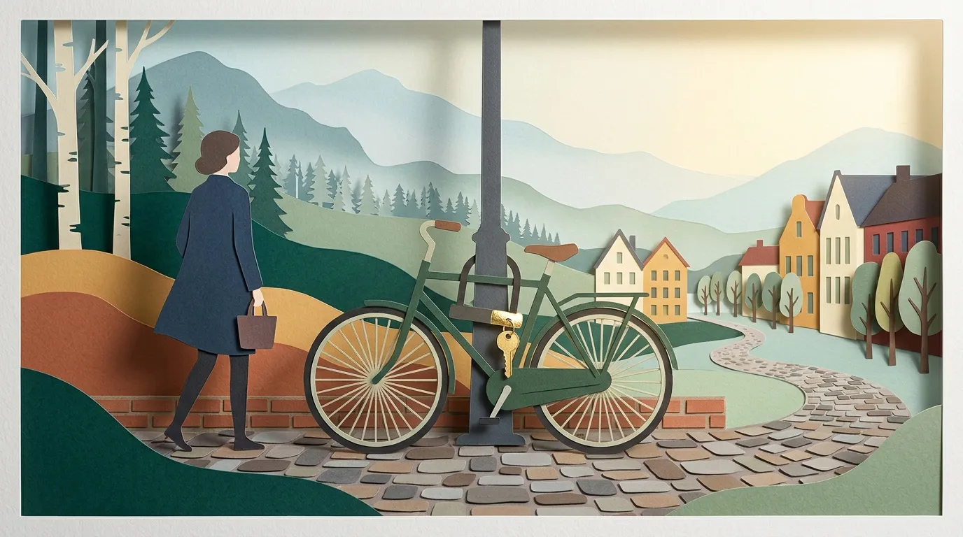 Femme avec v&eacute;lo attach&eacute; &agrave; un poteau devant paysage montagneux