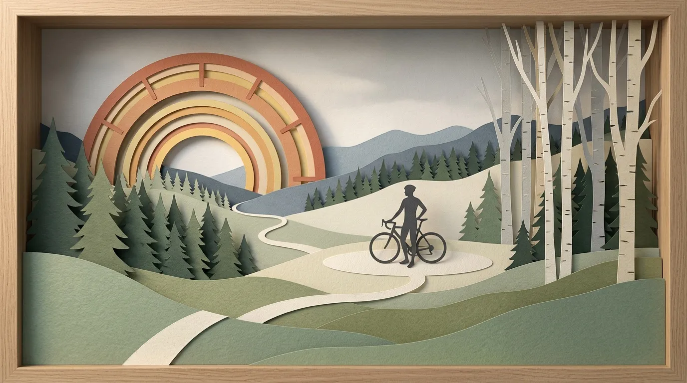 Cycliste sur route foresti&egrave;re avec arc-en-ciel et montagnes