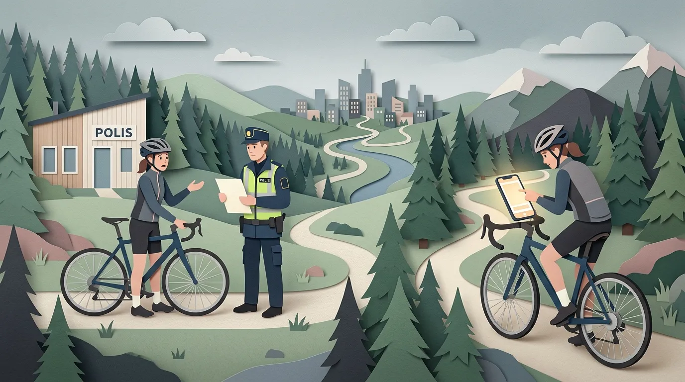 Policier contr&ocirc;lant cyclistes sur sentier forestier