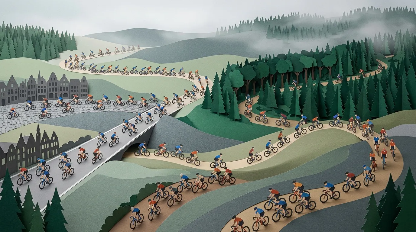 Centaines de cyclistes parcourent route sinueuse traversant villes, for&ecirc;ts et montagnes