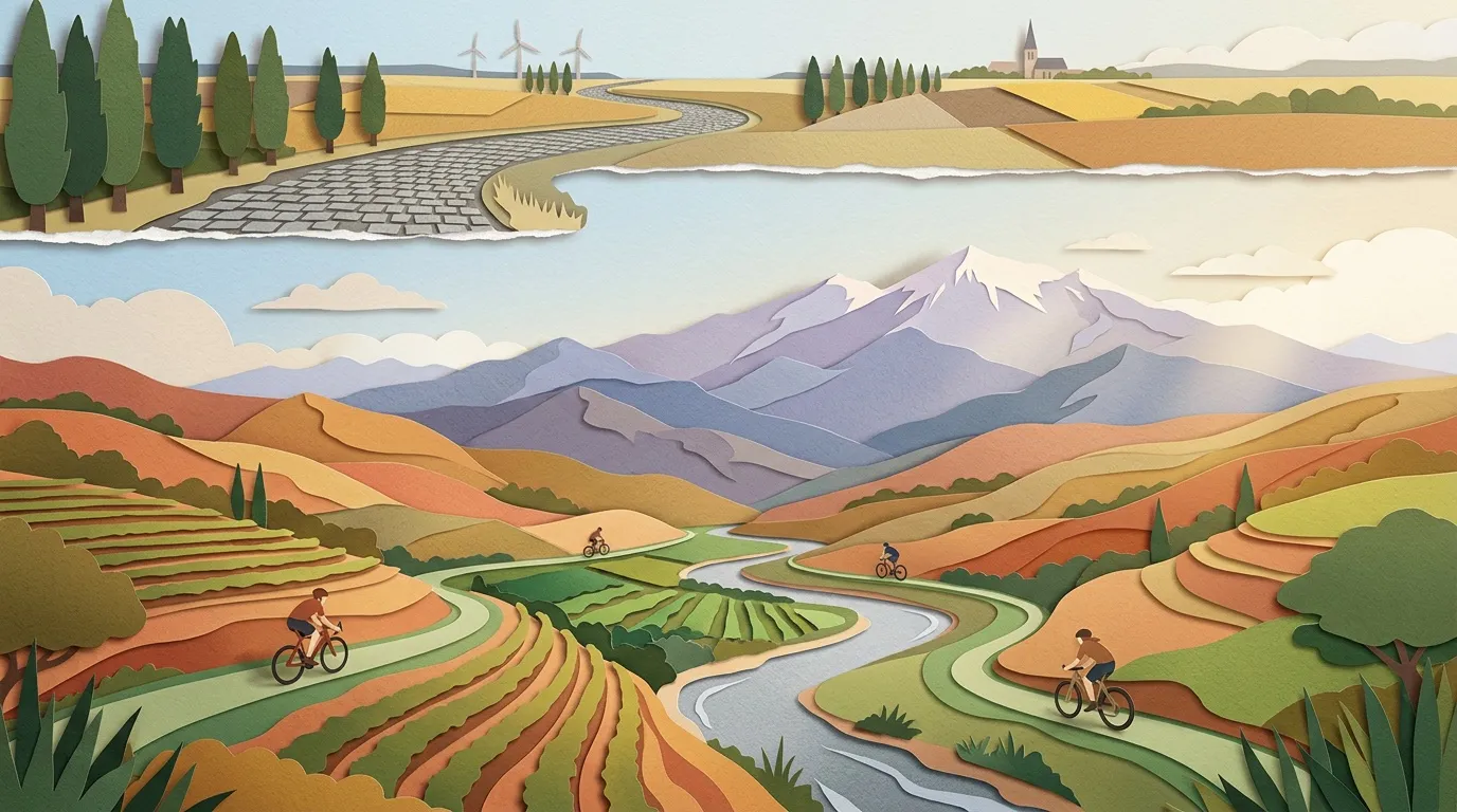 Illustration stylis&eacute;e de campagne avec rivi&egrave;re, cyclistes et montagnes lointaines