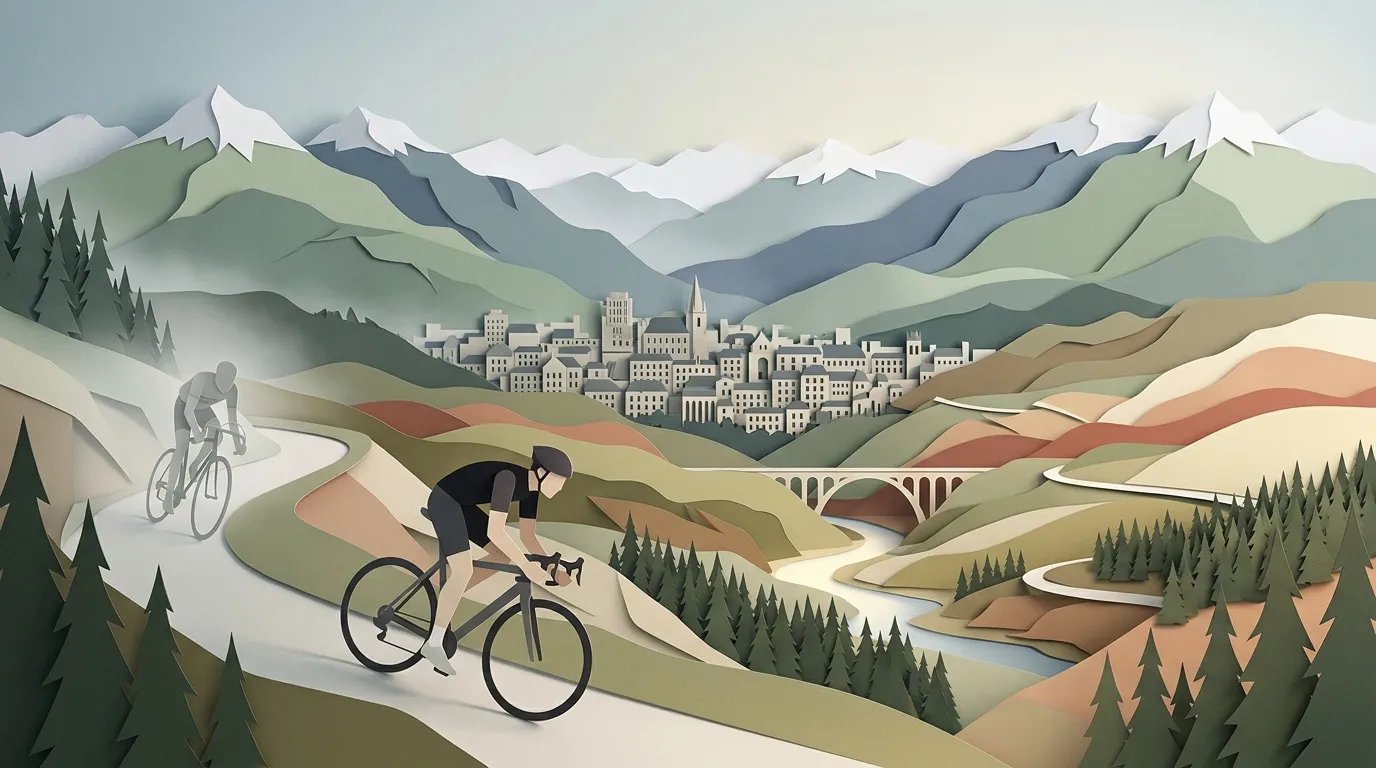 Deux cyclistes p&eacute;dalent dans un paysage montagneux avec ville