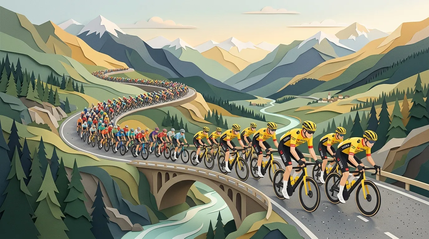 Cyclistes en peloton traversant un paysage montagneux alpin