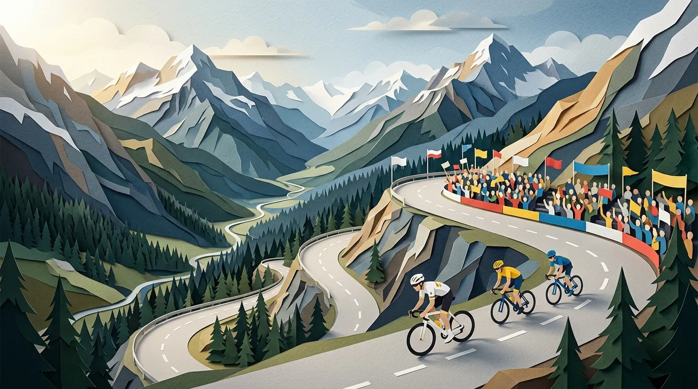 Cyclistes montant route sinueuse montagnes enneig&eacute;es spectateurs
