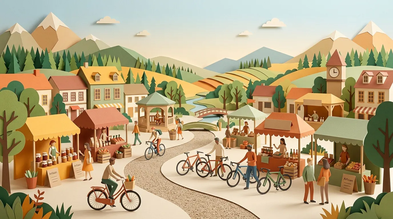 Illustration village color&eacute; avec march&eacute;, bicyclettes et montagne.