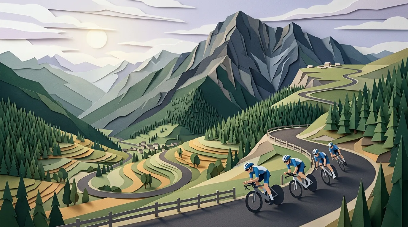 Groupe de cyclistes sur route de montagne avec paysage alpin