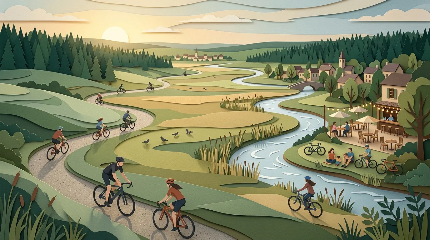 Cyclistes et familles profitent d'une paisible vall&eacute;e rurale ensoleill&eacute;e
