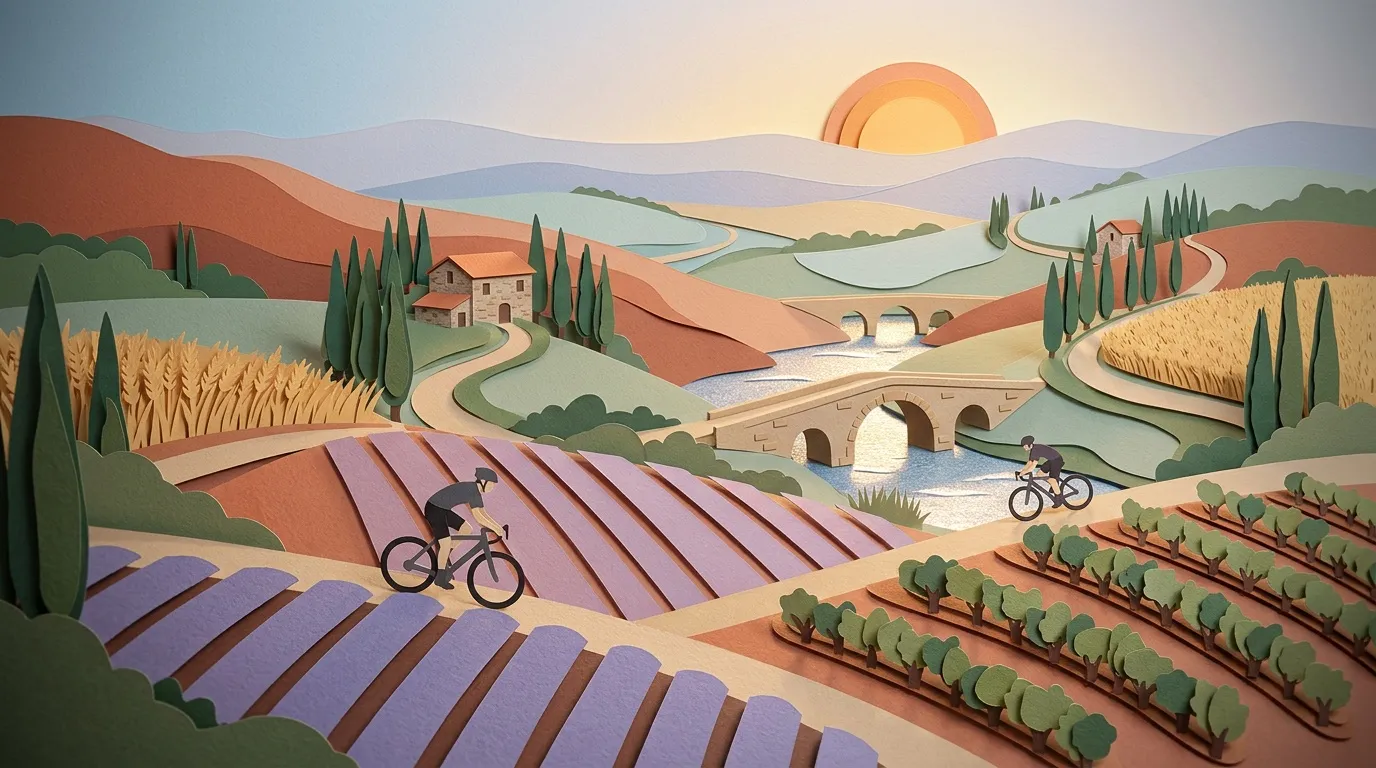 Illustration paysage rural toscan avec cyclistes et maisons campagne