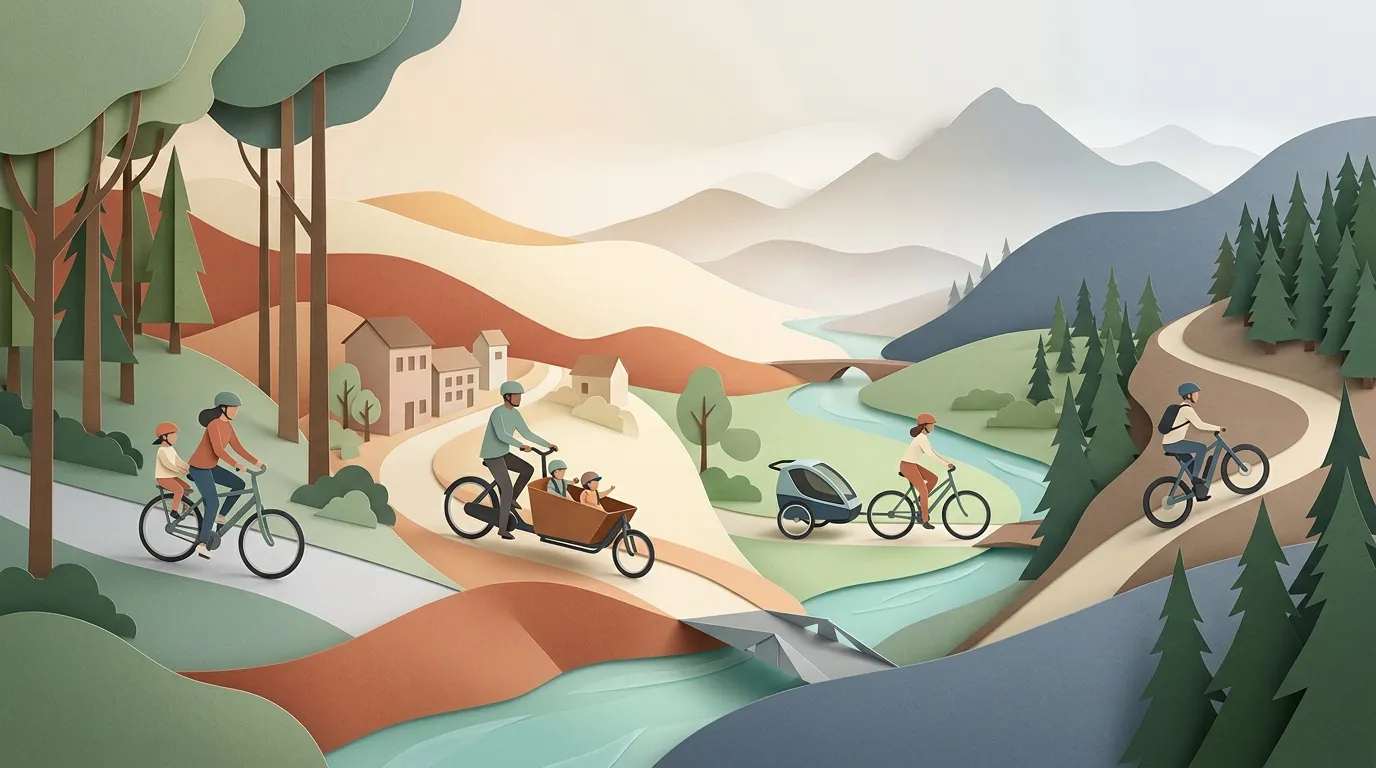 Familles &agrave; v&eacute;lo dans un paysage montagneux avec rivi&egrave;re