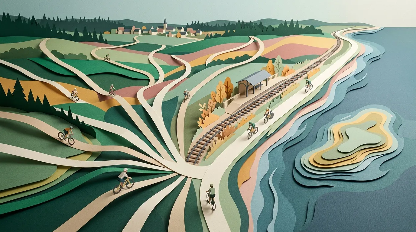 Illustration papier d&eacute;coup&eacute; montrant routes, chemins de fer, cyclistes et village c&ocirc;tier