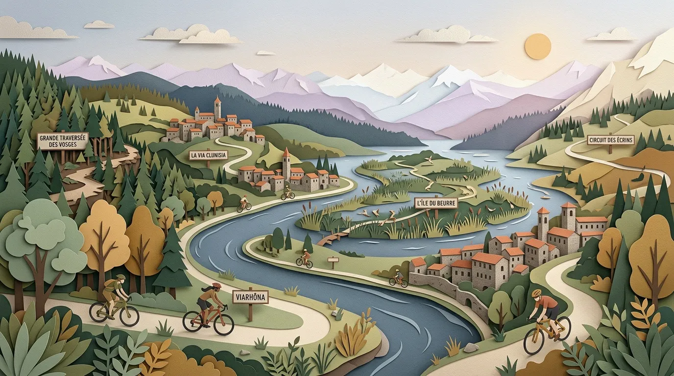 Illustration stylis&eacute;e de paysage montagneux avec villages, rivi&egrave;re et cyclistes