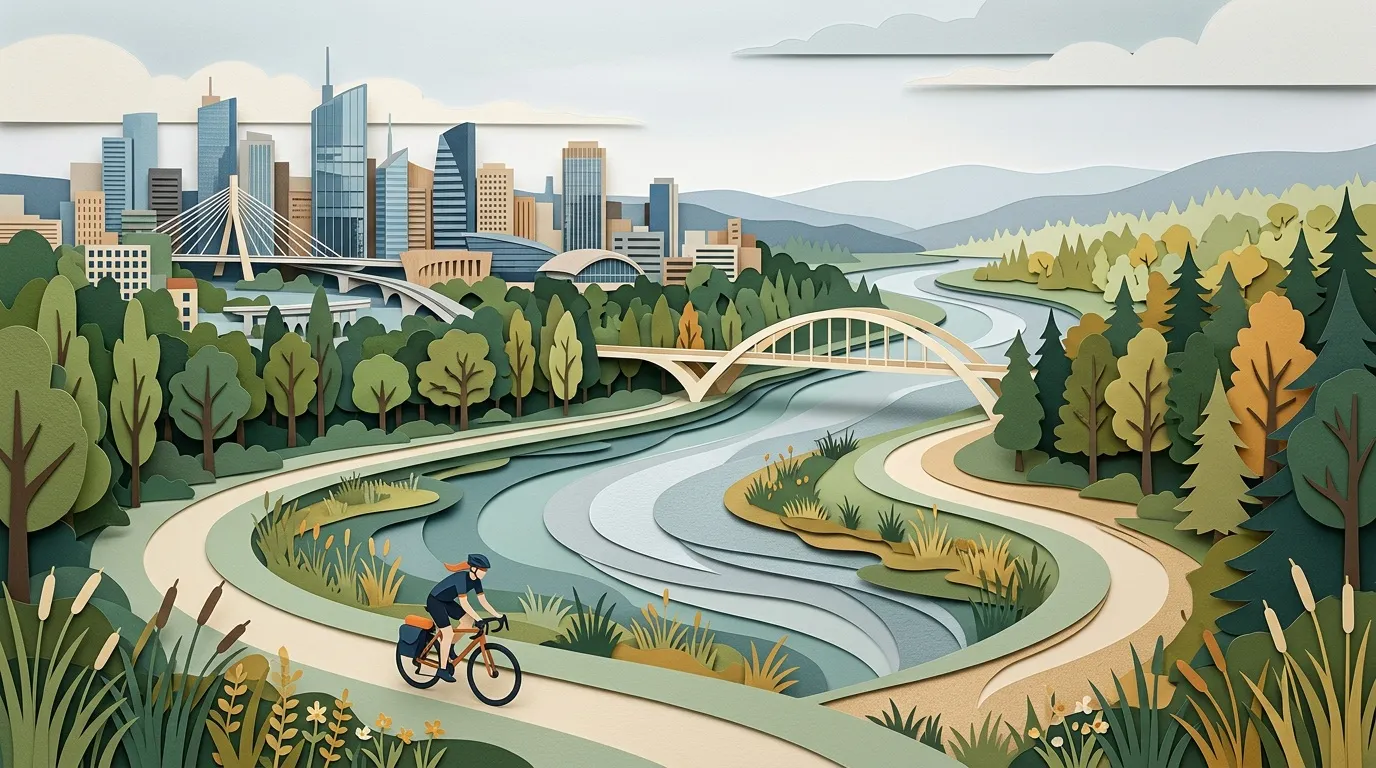 Cycliste sur sentier longeant rivi&egrave;re avec skyline urbain en arri&egrave;re-plan