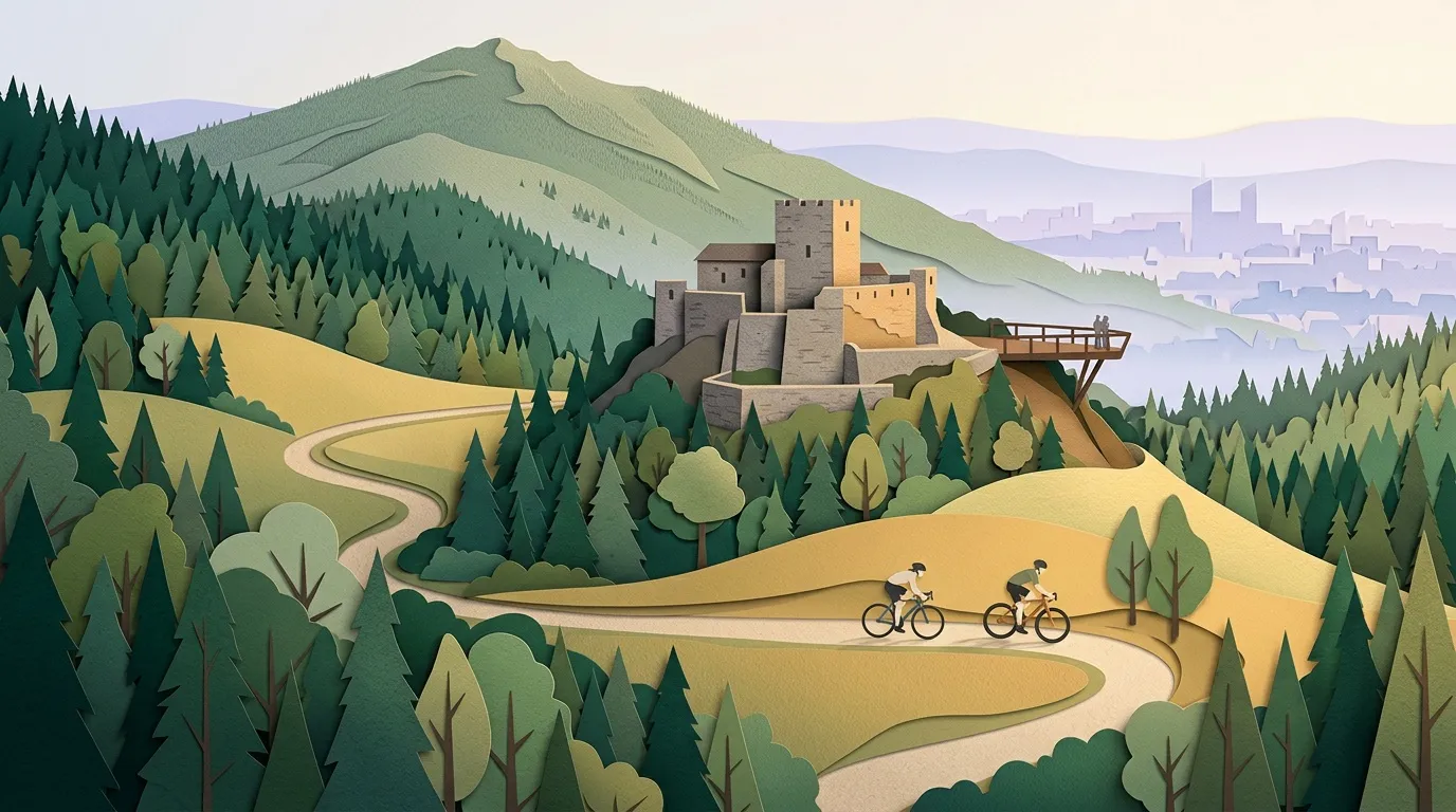 Deux cyclistes p&eacute;dalent vers un ch&acirc;teau fortifi&eacute; en montagne