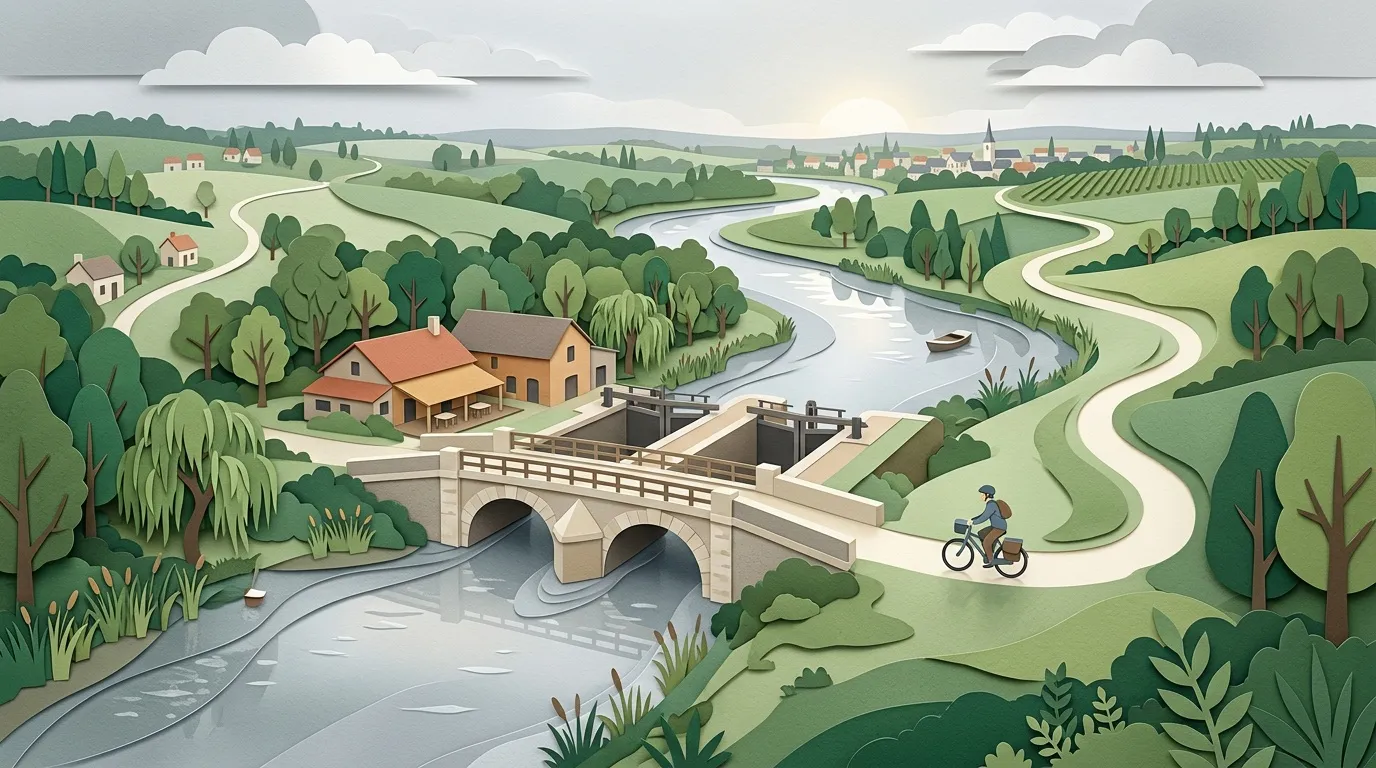 Illustration d'une maison pr&egrave;s d'une &eacute;cluse sur une rivi&egrave;re sinueuse