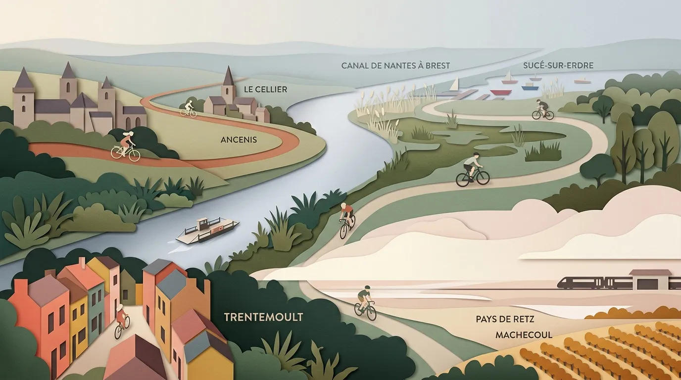 Cyclistes sur route pittoresque entre ch&acirc;teaux et canal