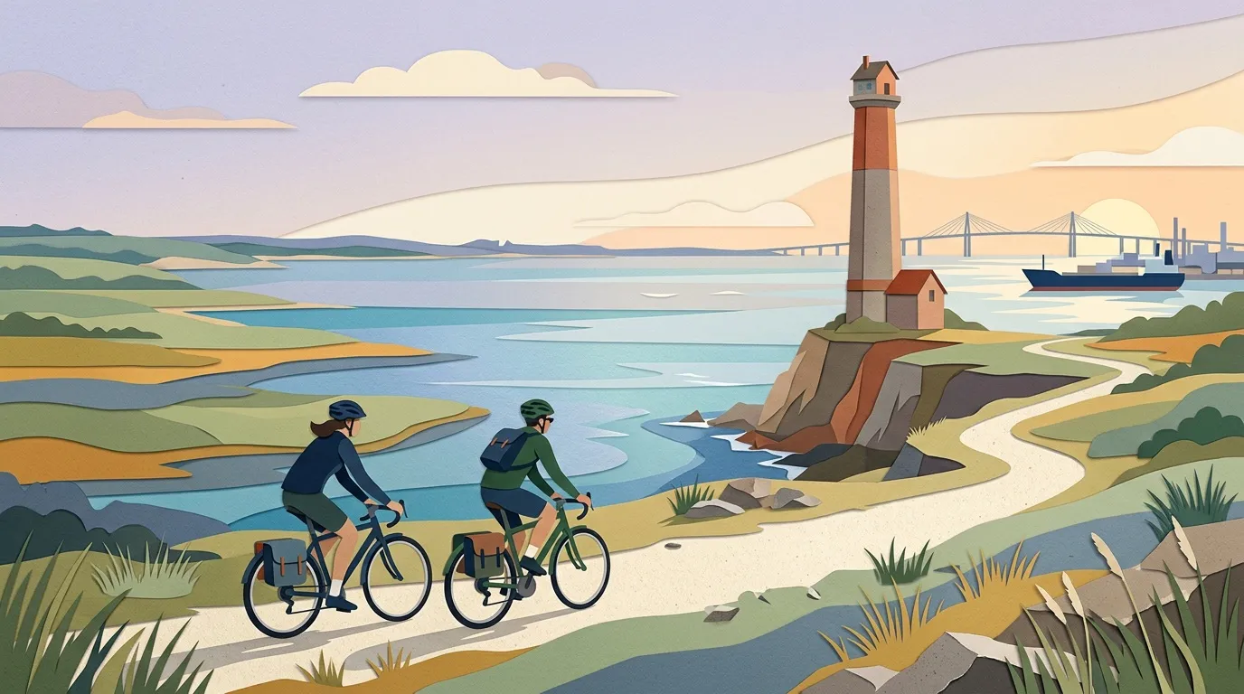 Deux cyclistes sur un sentier c&ocirc;tier avec phare en arri&egrave;re-plan