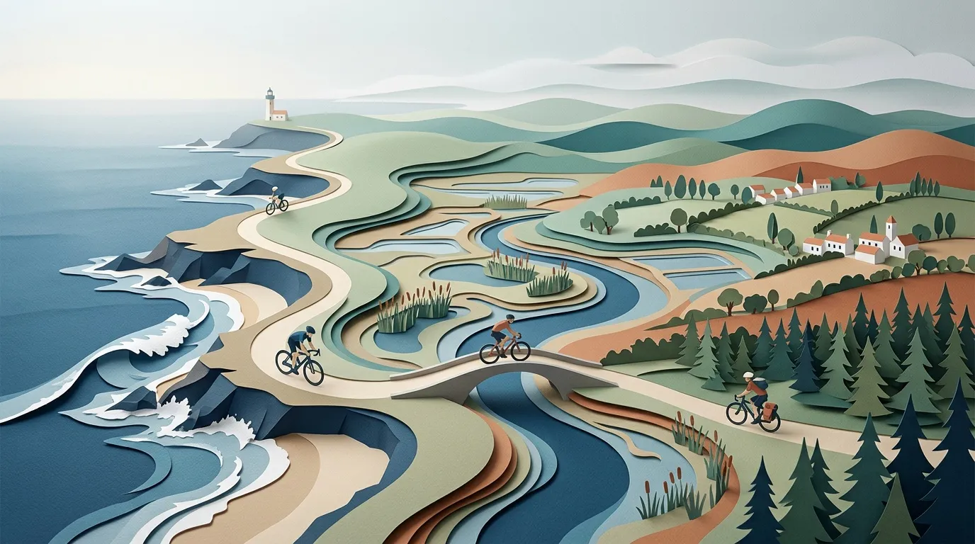 Illustration en relief montrant cyclistes, c&ocirc;te, rivi&egrave;re et villages