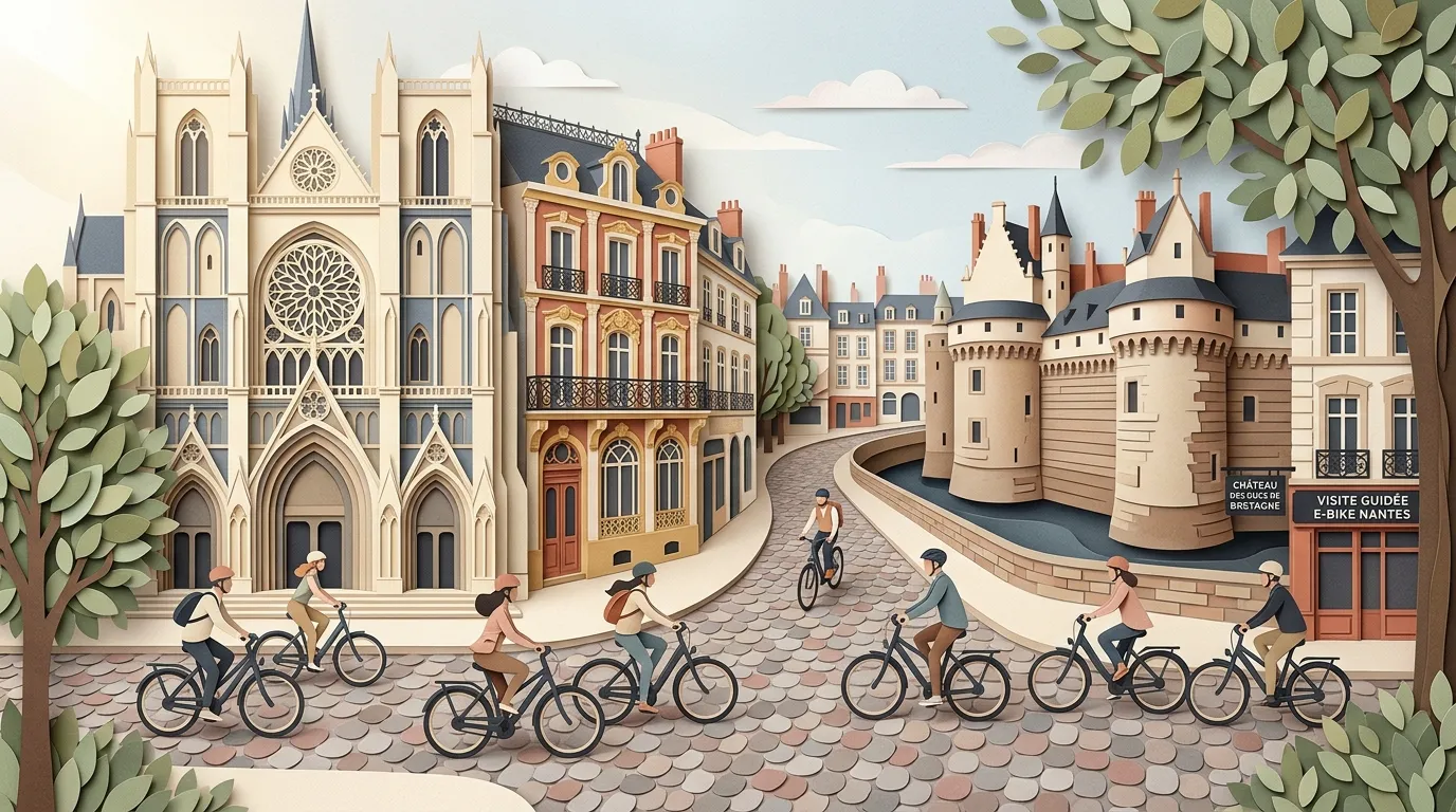 Cyclistes explorant une ville m&eacute;di&eacute;vale bretonne avec cath&eacute;drale et ch&acirc;teau