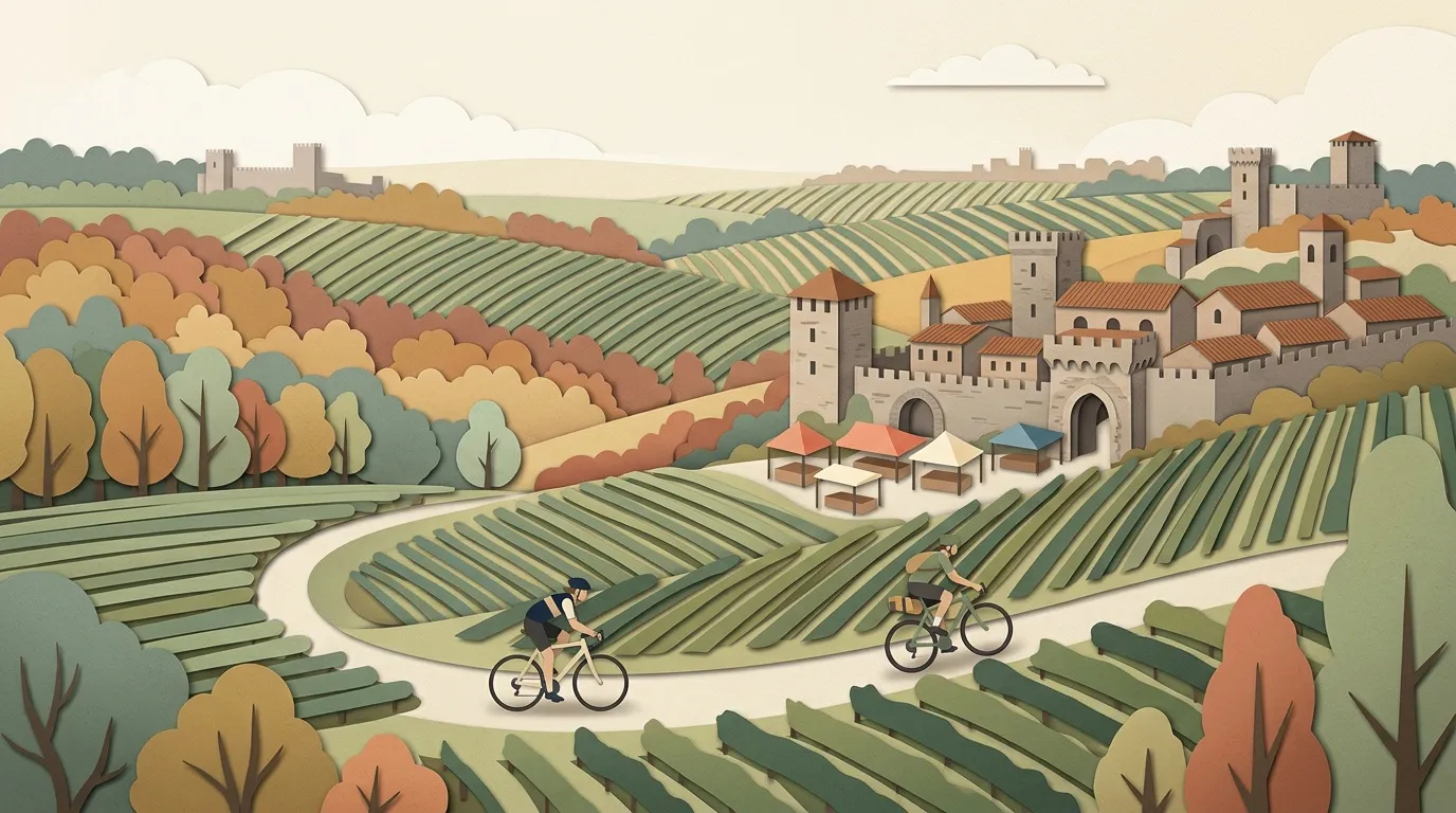 Deux cyclistes pédalent dans paysage rural toscan avec château fortifié