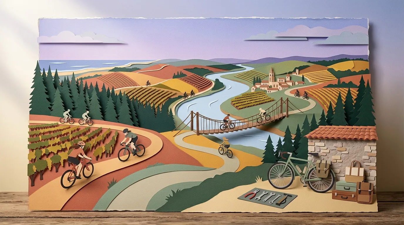 Illustration paysage rural avec cyclistes, vignes et rivière