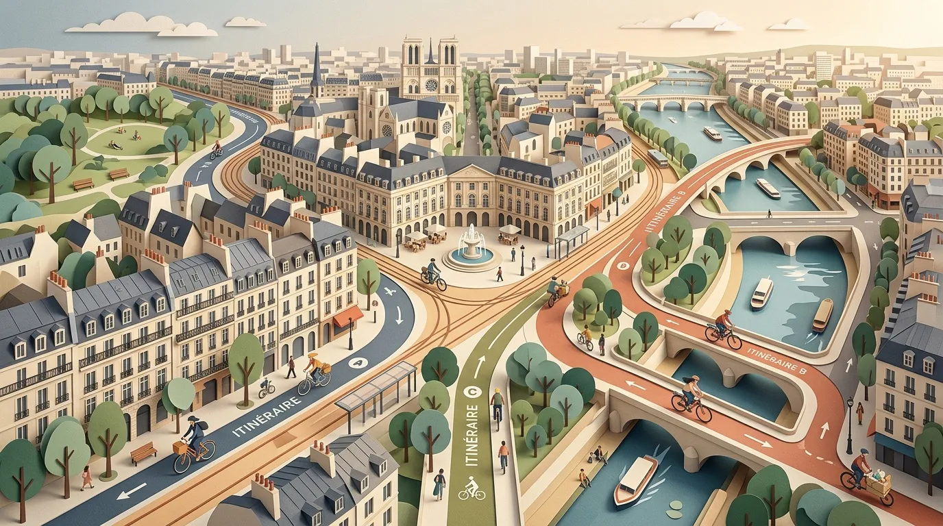 Illustration de Paris avec pistes cyclables, Notre-Dame et canaux navigables