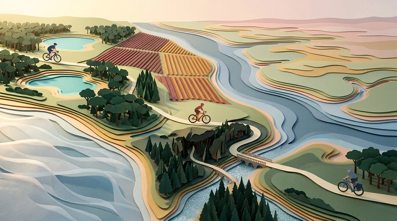 Illustration en couches de papier montrant rivière, champs, forêts et cyclistes