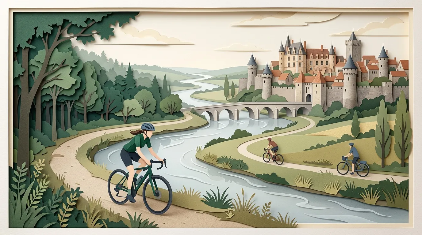 Cyclistes p&eacute;dalent pr&egrave;s d'une rivi&egrave;re face &agrave; un ch&acirc;teau m&eacute;di&eacute;val