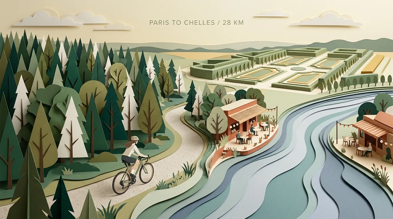 Illustration papier d&eacute;coup&eacute; route cycliste fleuve ch&acirc;teaux jardins