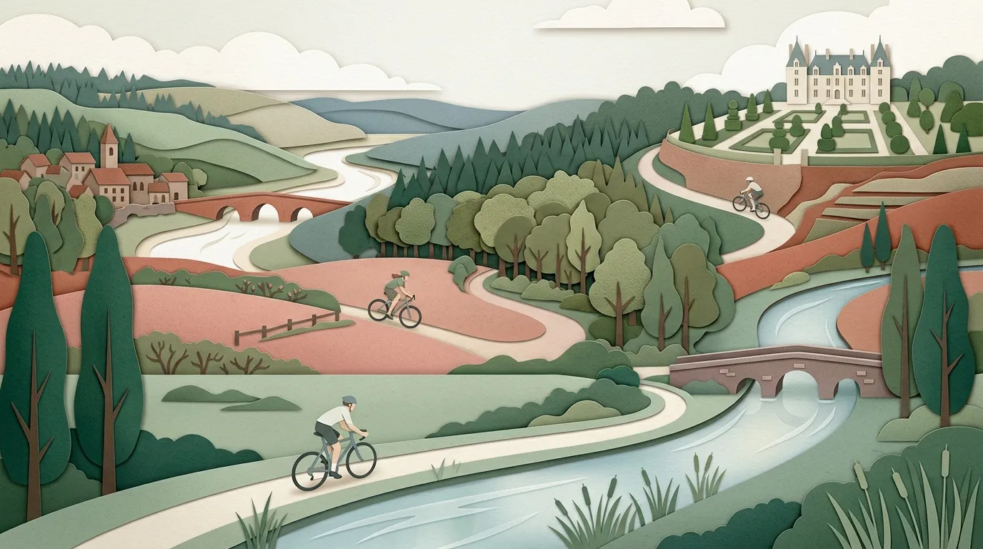 Illustration paysage avec cyclistes, rivi&egrave;re, ch&acirc;teau et villages