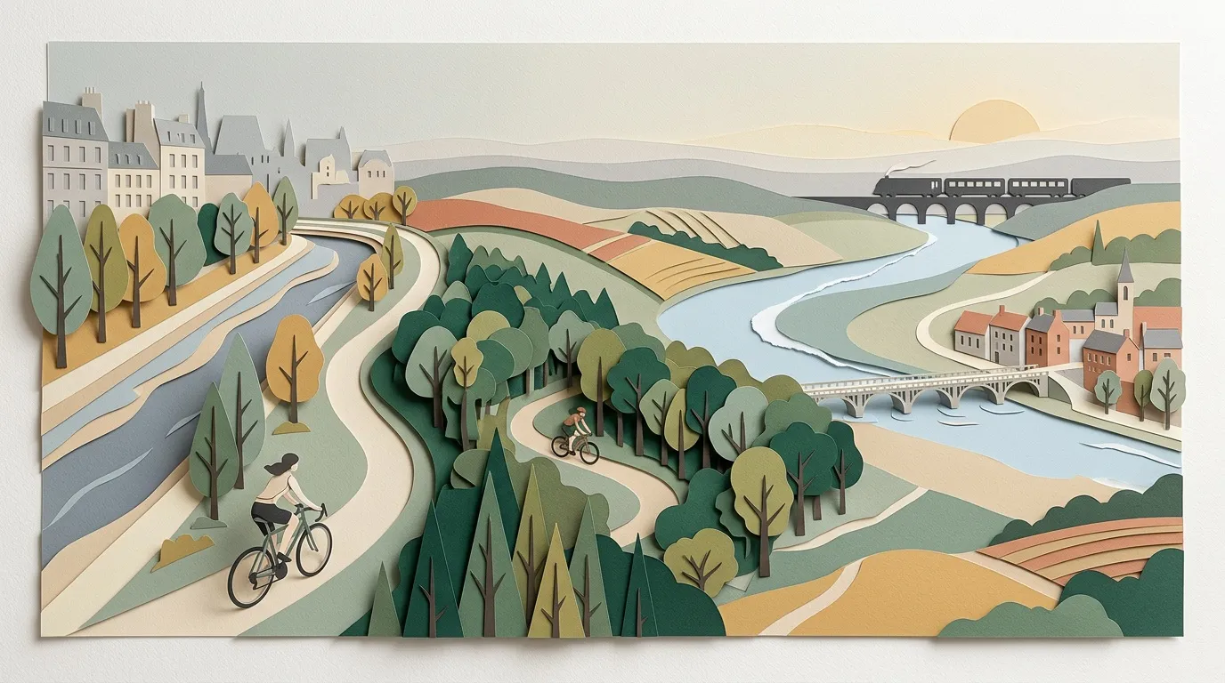 Illustration papier d&eacute;coup&eacute; paysage rural avec train, cyclistes et rivi&egrave;re