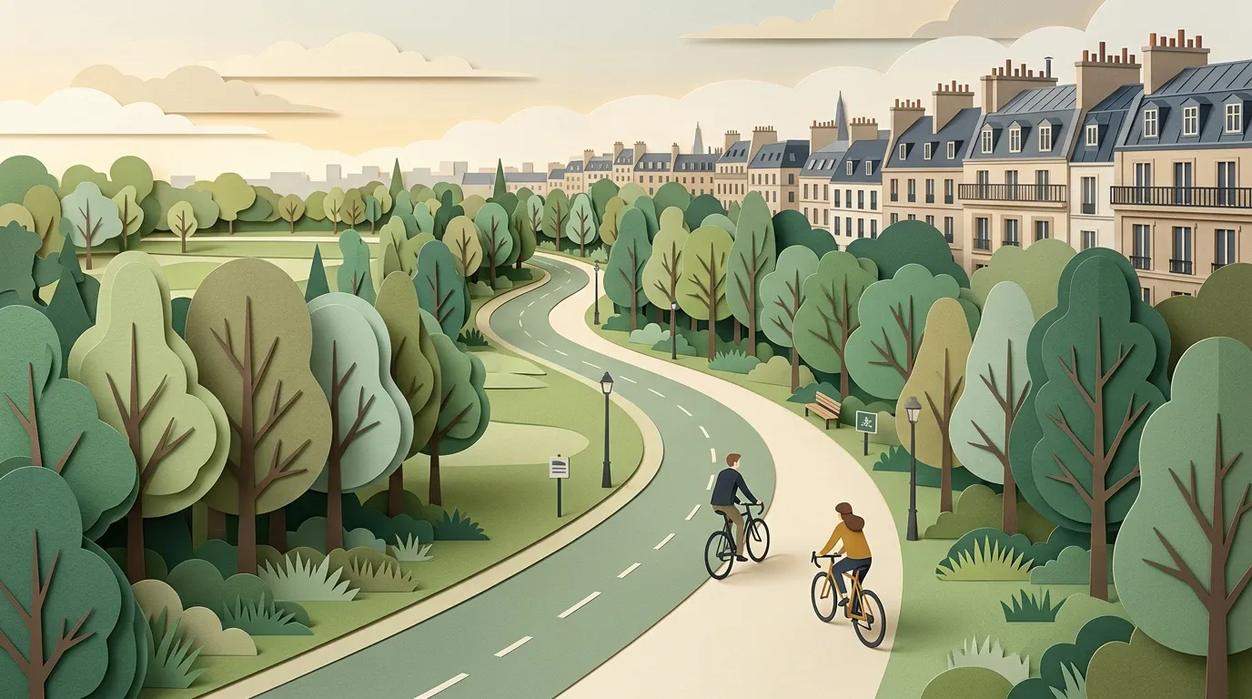 Deux cyclistes sur une route arbor&eacute;e menant &agrave; une ville parisienne