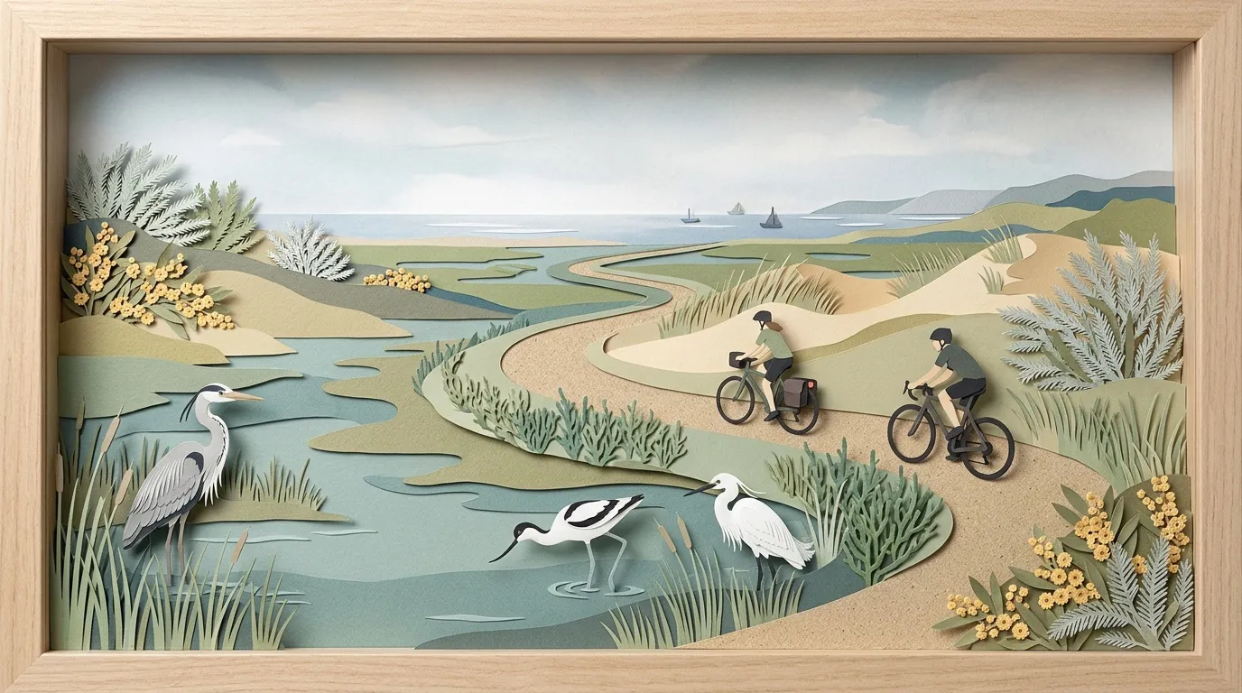 Deux cyclistes sur sentier c&ocirc;tier avec oiseaux et marais
