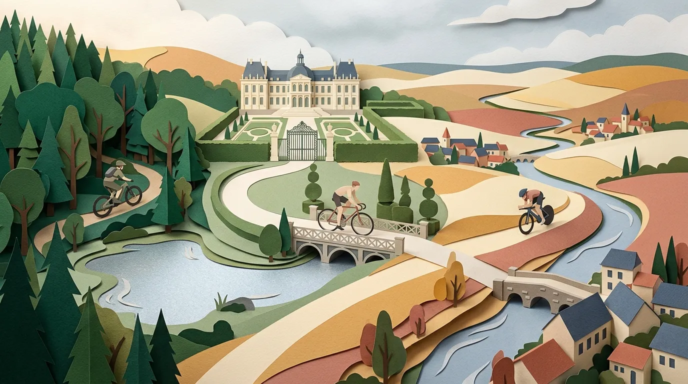Illustration papier d&eacute;coup&eacute; : ch&acirc;teau, cyclistes, villages et rivi&egrave;re sinueuse