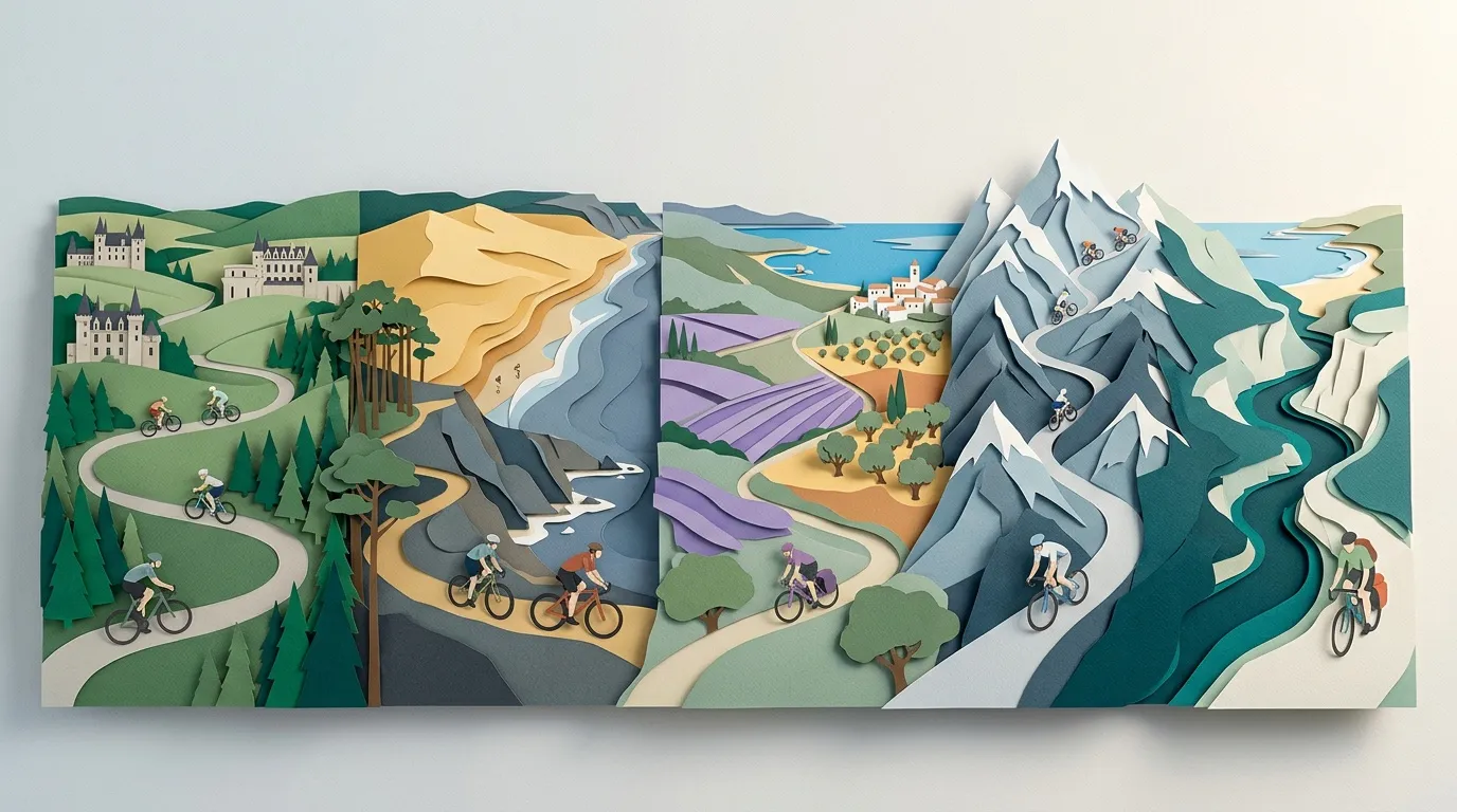 Illustration paper art : cyclistes sur routes montagneuses et c&ocirc;ti&egrave;res