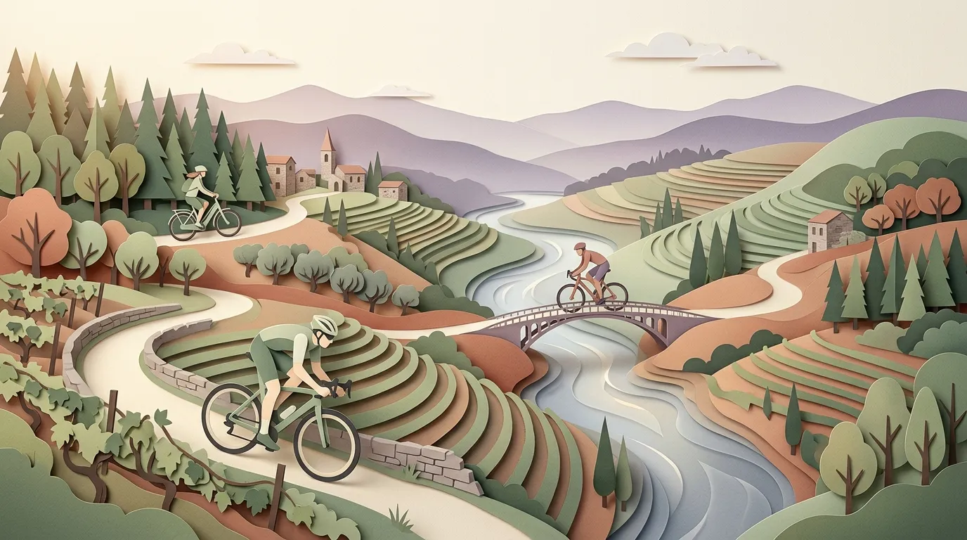 Deux cyclistes parcourent une route sinueuse dans un paysage agricole