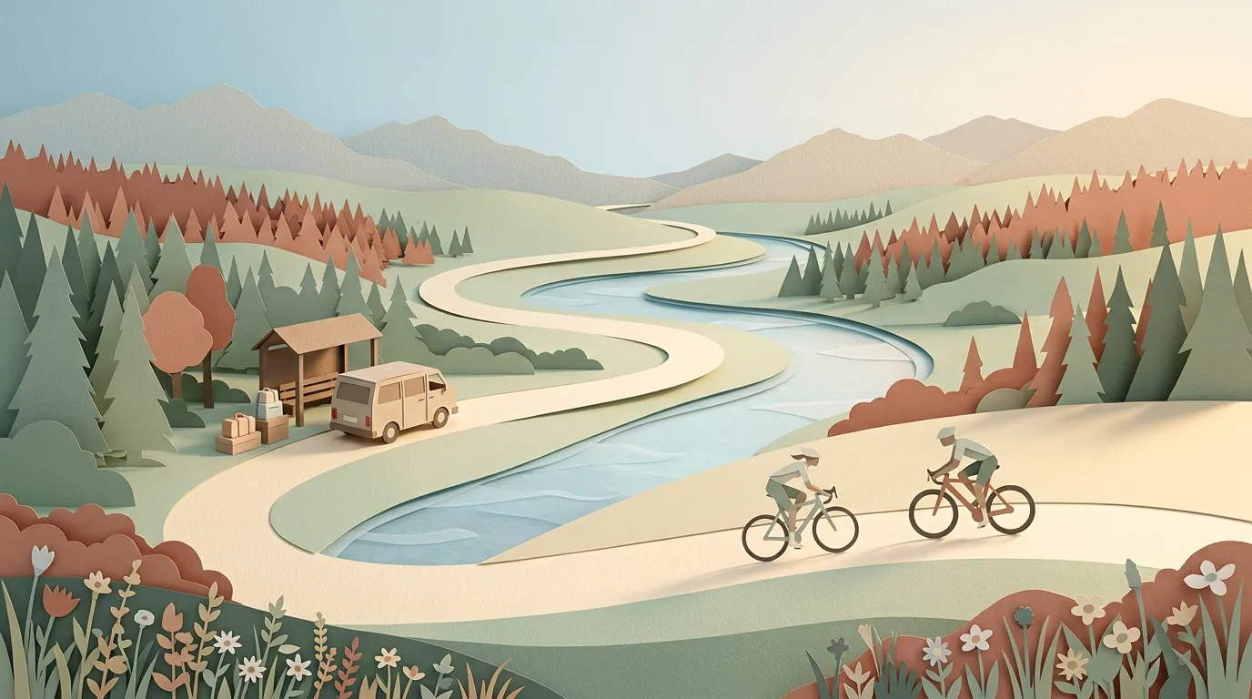 Illustration stylis&eacute;e d'un camping pr&egrave;s d'une rivi&egrave;re avec for&ecirc;ts et montagnes
