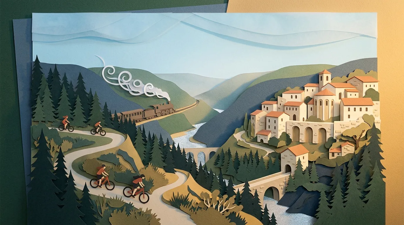 Illustration papier d&eacute;coup&eacute;: train, cyclistes, village m&eacute;di&eacute;val, for&ecirc;ts