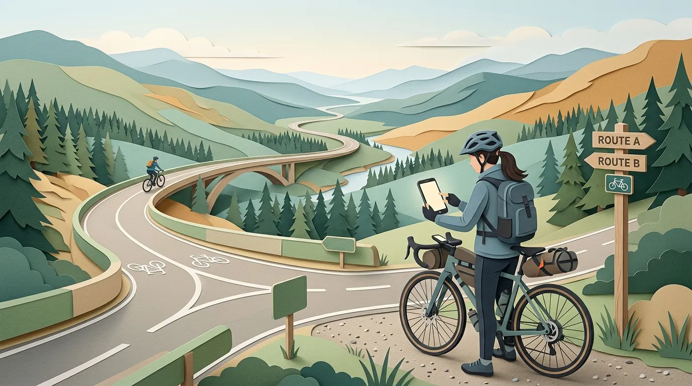 Cycliste consulte GPS entre deux routes de montagne