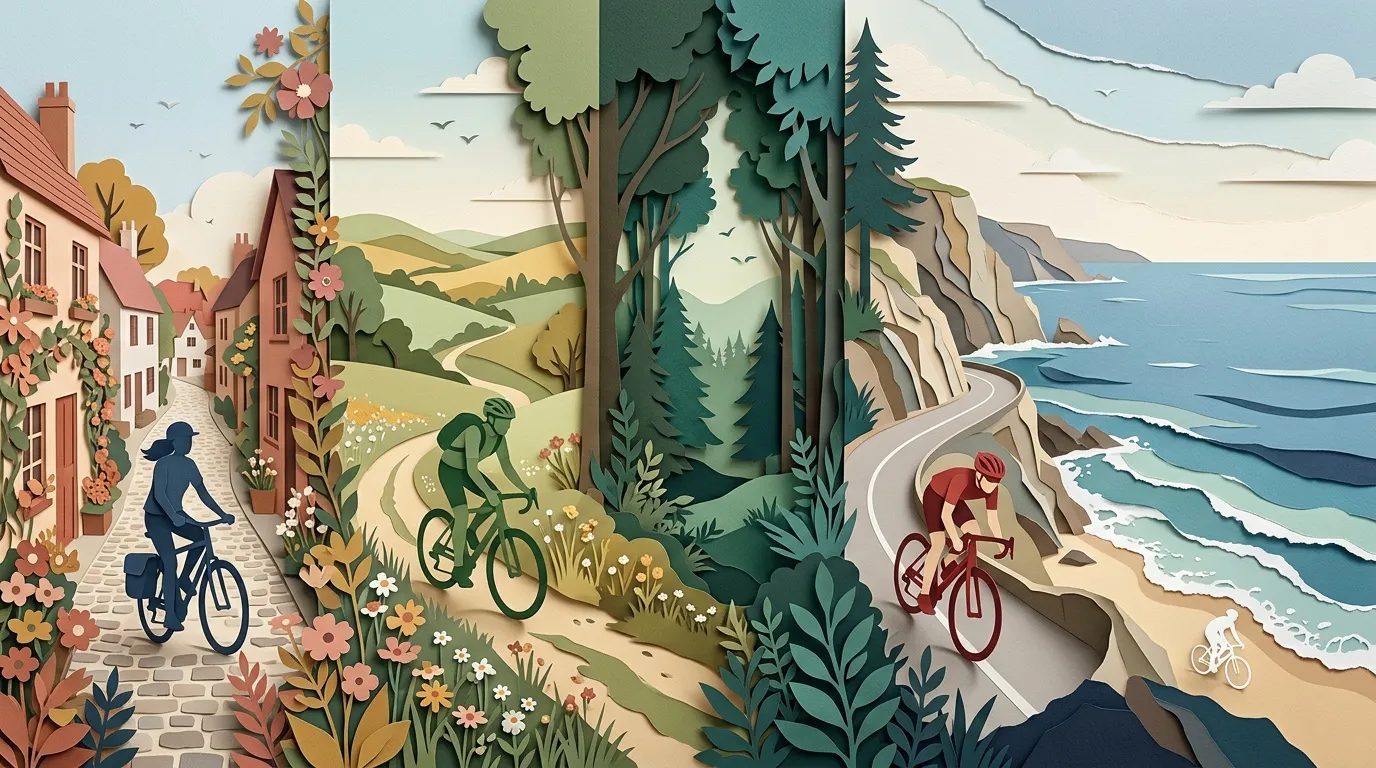 Illustration papier d&eacute;coup&eacute; de cyclistes dans village, campagne et c&ocirc;te