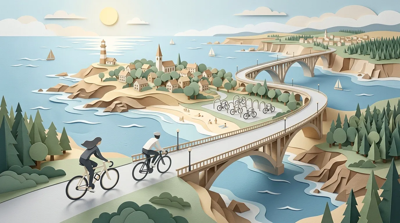 Illustration papier d&eacute;coup&eacute; de cyclistes traversant un pont surplombant une baie c&ocirc;ti&egrave;re