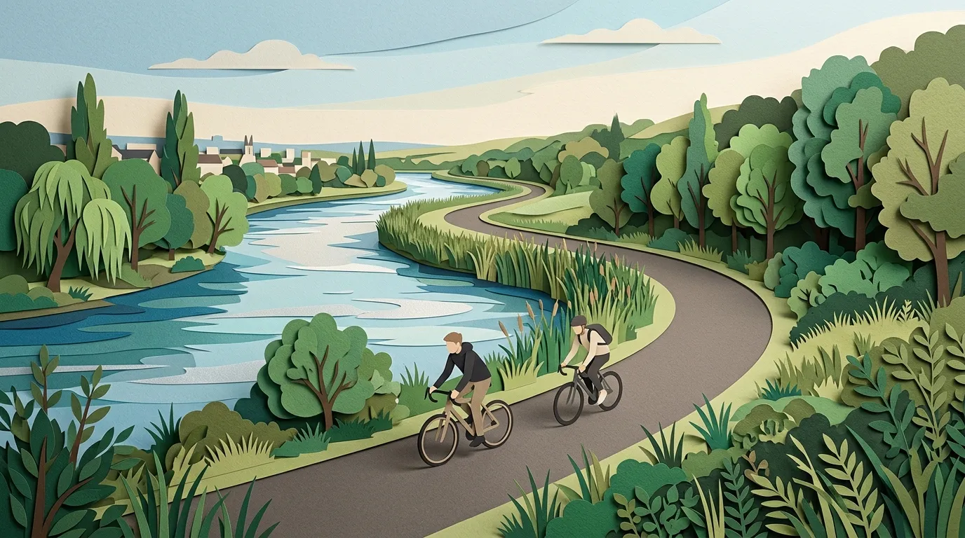 Deux cyclistes p&eacute;dalent sur un chemin longeant une rivi&egrave;re sinueuse