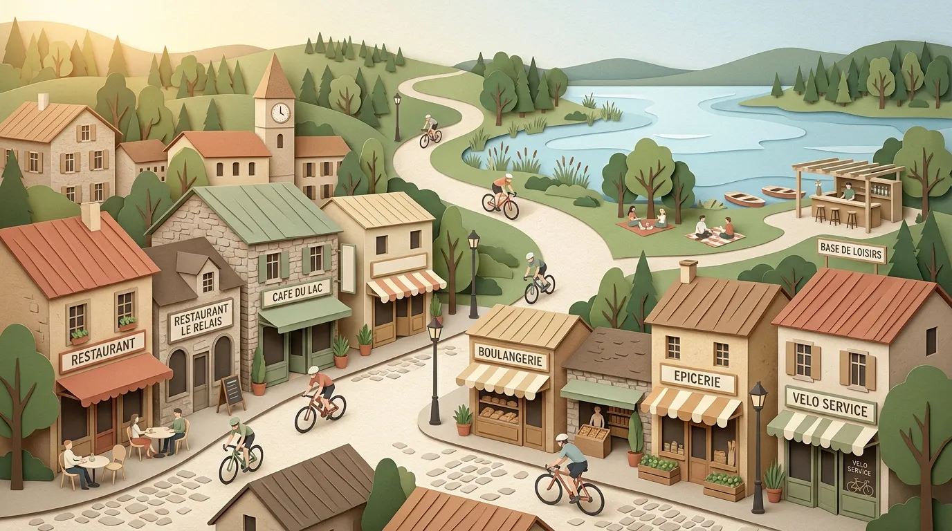 Illustration d'un village fran&ccedil;ais avec commerces, &eacute;glises et activit&eacute;s de loisirs.