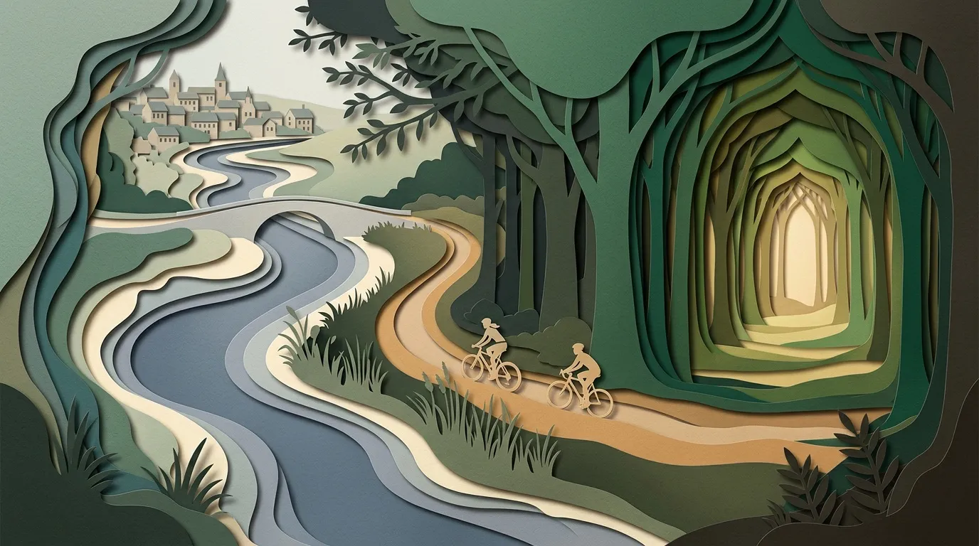 Art papier : cyclistes, for&ecirc;t tunnel, ch&acirc;teau distant, rivi&egrave;re sinueuse