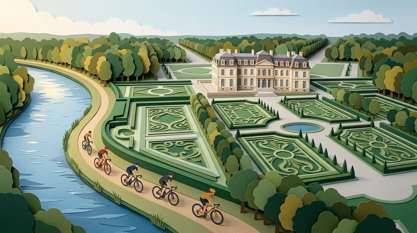 Cyclistes sur canal pr&egrave;s ch&acirc;teau baroque avec jardins g&eacute;om&eacute;triques