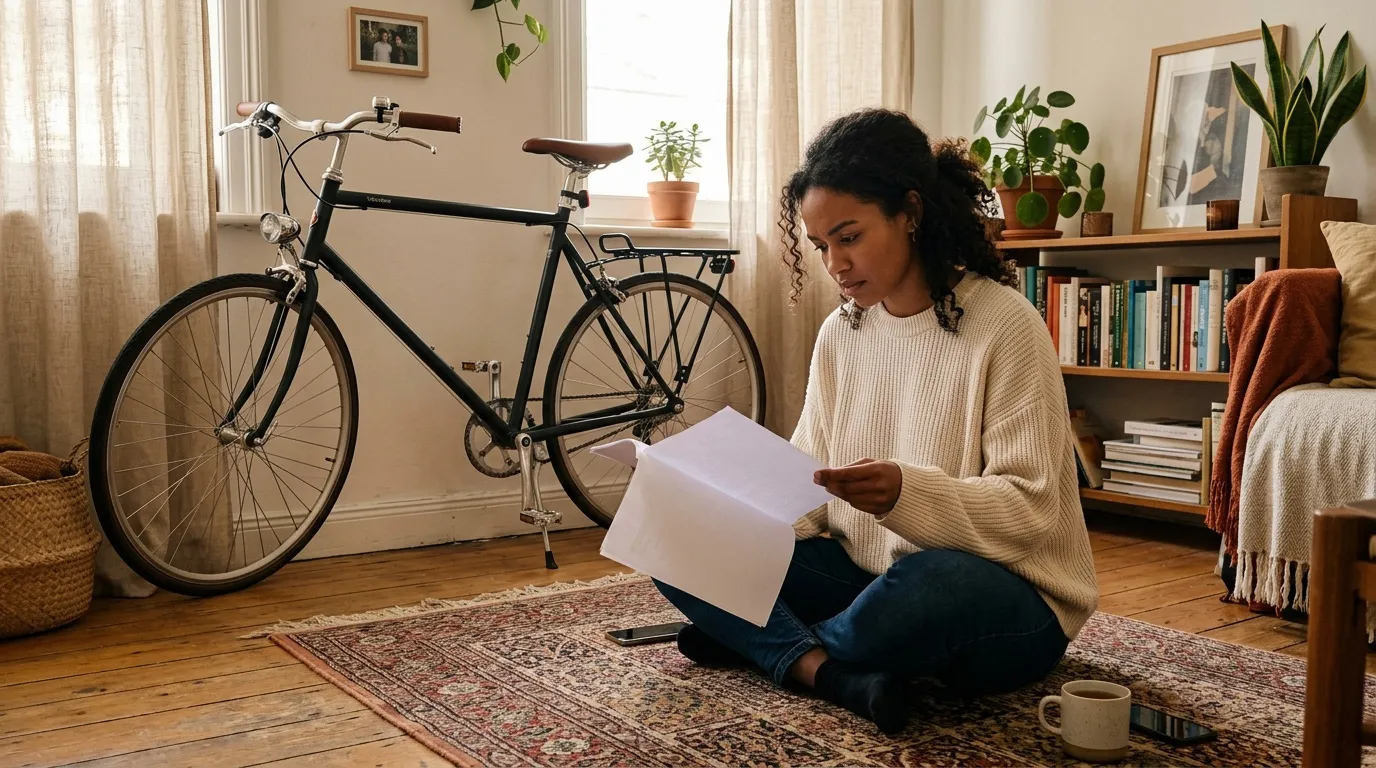 Femme assise lisant un document dans un salon cosy