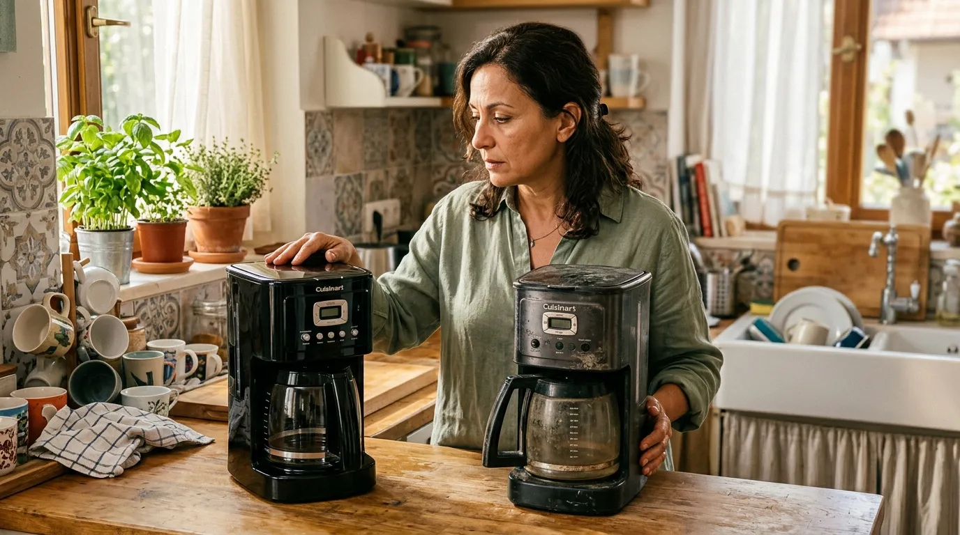 Femme comparant deux cafeti&egrave;res Cuisinart noires dans sa cuisine