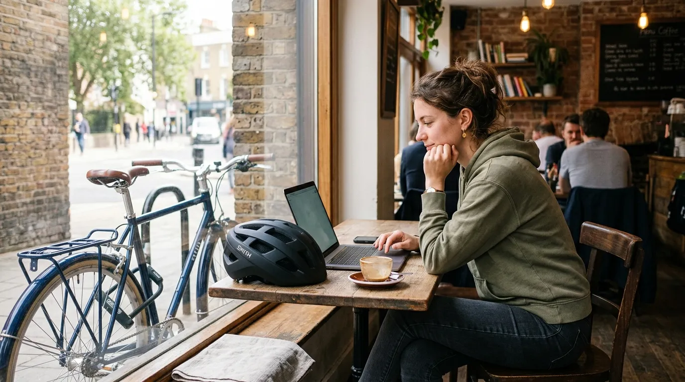 Femme travaille sur laptop au caf&eacute; avec v&eacute;lo &agrave; proximit&eacute;